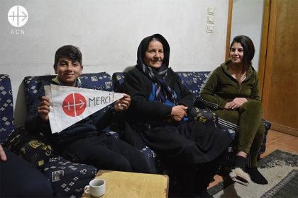 Mzaineh village, Valley of the Christians: Displaced family Granny, Johena, her daughter, Selma and grandchildren, Elian, 11, and 16-year-old Marita - all in receipt of ACN emergency help.
