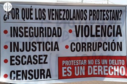 A poster explaining why the opposition protest. "Why do the Venezuelans protest? Insecurity, injustice, shortages, censorship, violence, corruption. Protesting is not a crime. Is a right".