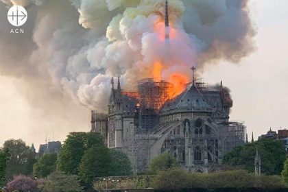 Cathedral Notre Dame in Paris during the fire.