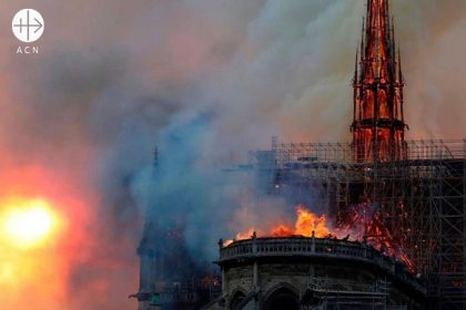 Cathedral Notre Dame in Paris during the fire.