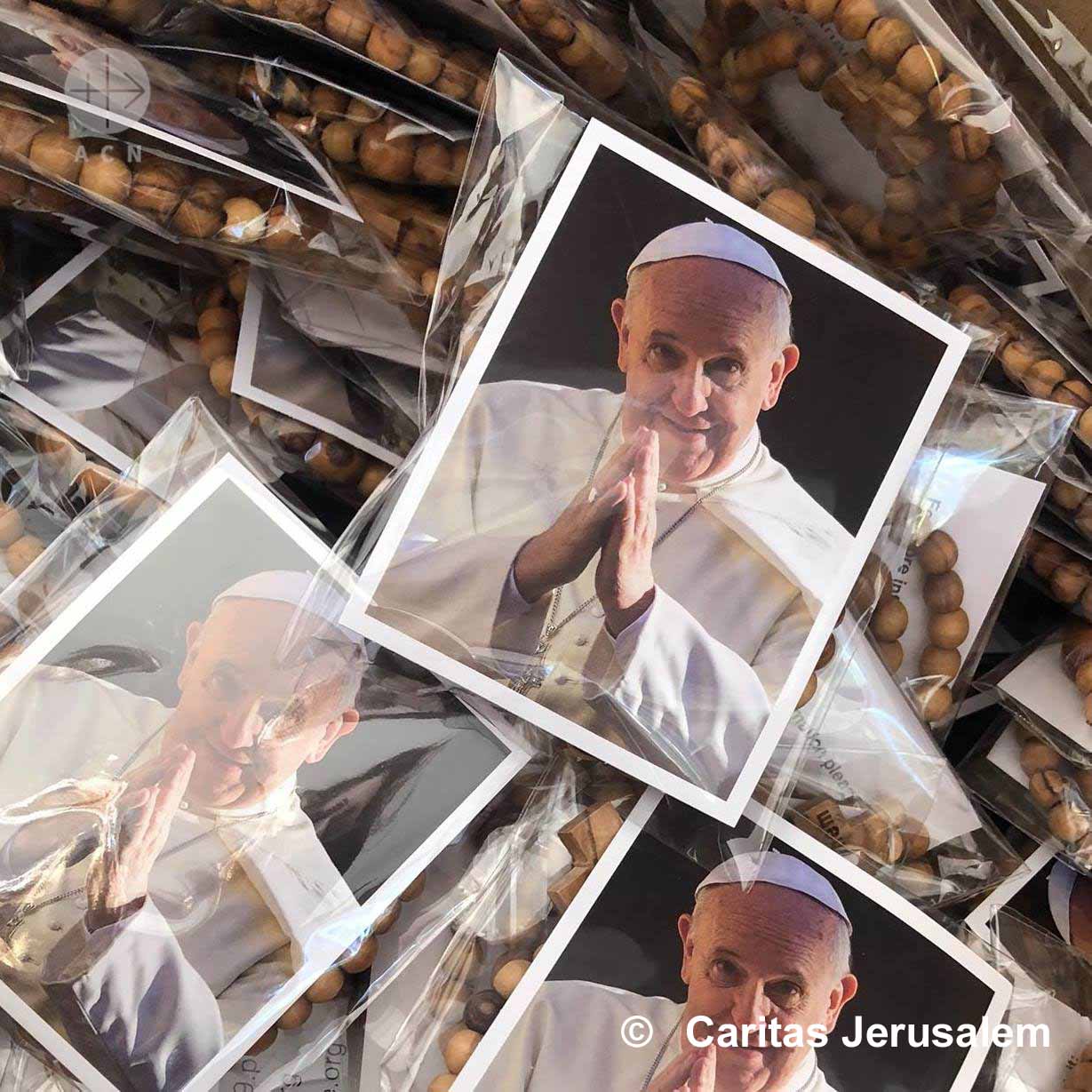 Israel, Jerusalem. Olive Woord Rosary with a photo of Pope Francis. He will distribute to the pilgrims on the World Youthday in Panama 2019.