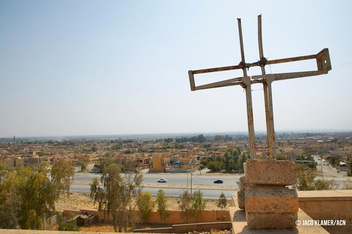 Damaged cross on St. George's Monastery (Mar Gurguis) in Mosul