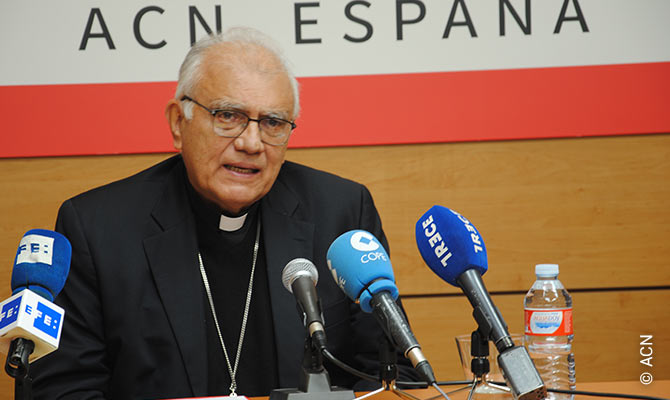 El Cardenal venezolano Baltazar Porras, durante una rueda de prensa en la sede de la fundación ACN en España.