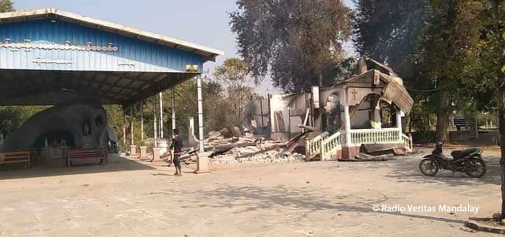 A destroyed Burmese Catholic Church as a result of attacks