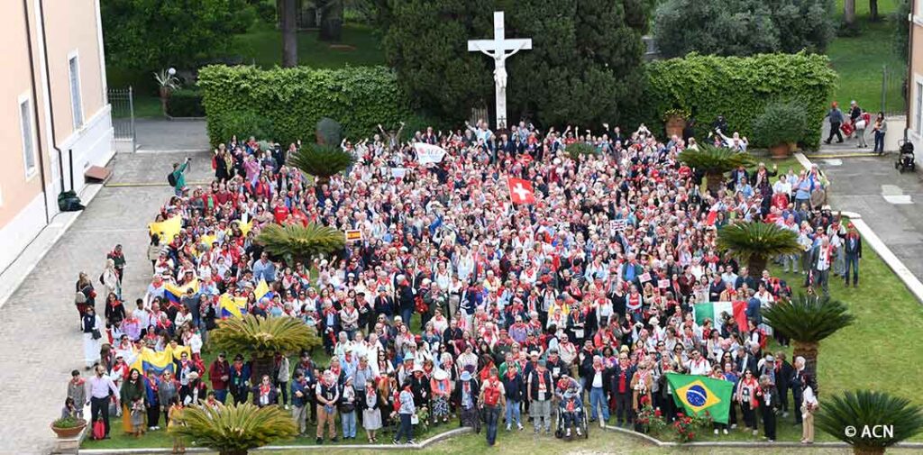 Pilgrims from dozens of countries gather for a photograph during the visit to Rome