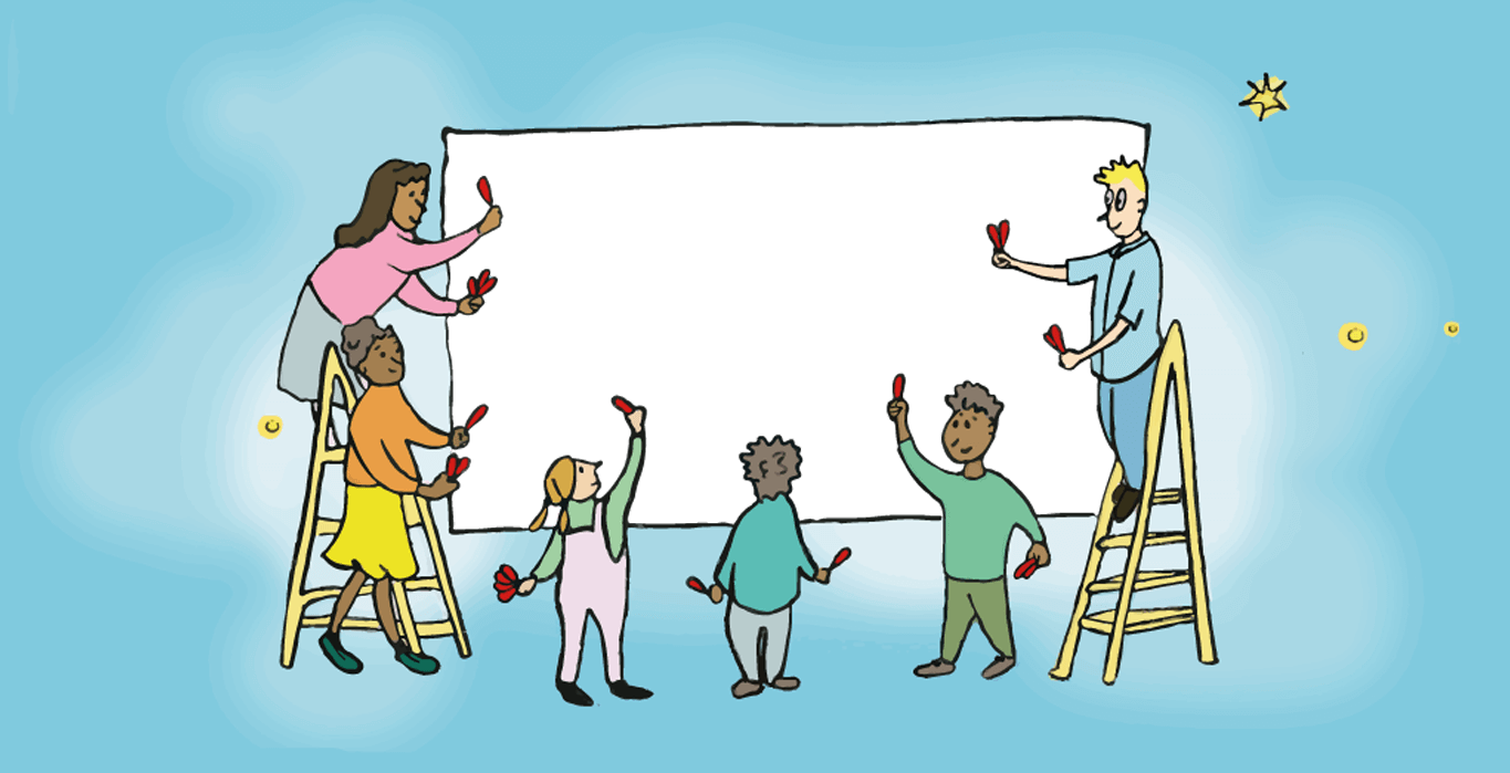 Children drawing on a world map
